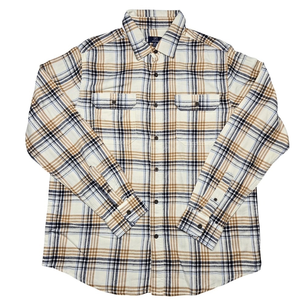 George Shirt‎ Mens Medium Beige Plaid Flannel Button Up Long Sleeve Casual